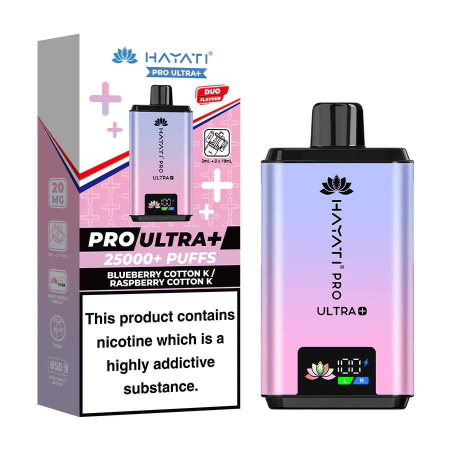Hayati Pro Ultra Plus 25000 Blue Berry Cotton K and Raspberry Cotton K Prefilled Pod Kit